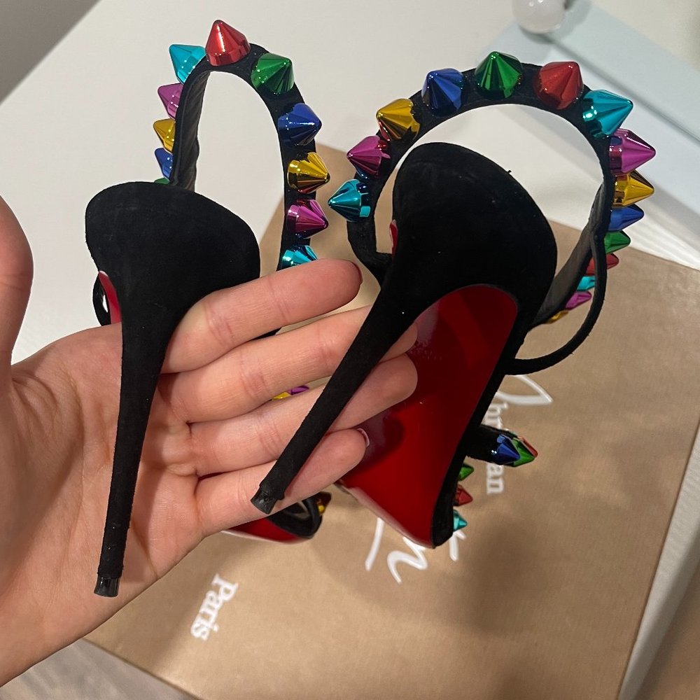 CHRISTIAN LOUBOUTIN Spikita 100 mm black and rainbow suede sandal heels - Picture 4 of 7